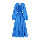 Lubintang Women Fashion With Thin Tied Hollow Embroideried Maxi Dress Vintage Long Sleeve Backless Female Dresses Vestidos Mujer