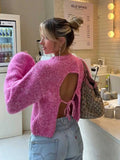 Lubintang Inspired Knitted Open Back Balloon Sleeve Sweater round neck pink sweater women autumn winter sweaters jumper for women