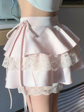 Lubintang Vintage Sweet Mini Skirt Women Lace-up Japanese Lolita Kawaii Cake Skirt Female Lace Korean Cute Fairy Skirts Summer 2024