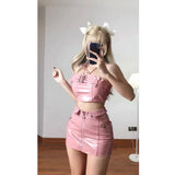 Lubintang Sweet Pink Strapless Vest for Women+ Y2k E-Girl High Waist Bodycon Leather Skirts 2024 Summer New Two Piece Sets