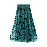 Lubintang Women¡¯s Mesh Tulle Long Skirt Vintage High Waist Flocked Floral Print Midi A-line Skirt Streetwear