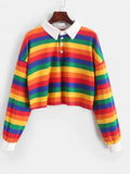 Lubintang Shirt Women Sweatshirt Long Sleeve Rainbow Color Ladies Hoodies With Button Striped Korean Style Sweatshirt Women