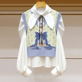 Lubintang Chic Fashion Women 2 Set Sweet Preppy Style V Neck Bow Rabit Embroidery Knit Vest+Eelgant Vintage Solid Shirt Top Mujer