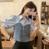 Lubintang Chic Fashion Women Denim Patchwork Shirts Spring Vintage Slim Short Sleeve Zipper Blouse All Match Tops Ropa Mujer