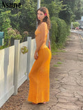 Lubintang 2024 Fashion Knitted Y2K Aesthetic Boho Beach Party High Waist Long Dress Sexy Women Hollow Out Maxi Skirt Vintage Summer