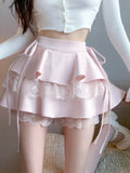 Lubintang Vintage Sweet Mini Skirt Women Lace-up Japanese Lolita Kawaii Cake Skirt Female Lace Korean Cute Fairy Skirts Summer 2024