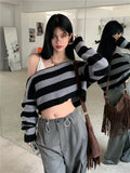 Lubintang Casual Contrast Color Striped Women Sweaters Slash Neck Long Sleeve Pullovers Sweet Loose All Match Jumpers Women