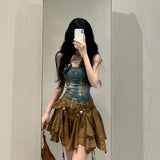 Lubintang Heavy Slim Fit Denim Camisole Vest+ Y2k E-Girl High Waist Irregular Ruched Skirts 2024 Spring New Two Piece Sets