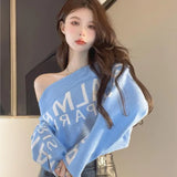 Lubintang Lazy Letter Print Sweaters Mujer Autumn Slash Neck Knitted Tops Women Y2k E-Girl Long Sleeve Bottoming Pullovers