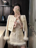 Lubintang Women Autumn Jacket Fashion Small Fragrance Spliced Feather Coat Long Sleeve + Skirt Suit Tweed Two Piece Sets Womens New