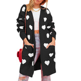 Lubintang Women Open Front Duster Sweaters Casual Heart Print Knitted Cardigans with Pockets Warm Fall Knitwear for Streetwear