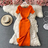 Lubintang Knitted Woman Dress Solid Square Neck Short Sleeve Stretch Dresses For Women With Slit Streetwear Vestidos Mujer