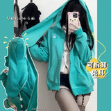 Lubintang Anime Rabbit Ear Detachable Hoodie Jackets Y2k Long Sleeve Zipper Coat Women Spring New Mid-length Loose Tops Mujer