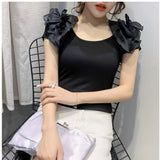 Lubintang Chic Fashion Korean Women Slim Knitted Bottoming Tops Casual All Match Ruffled O Neck Short Sleeve T-Shirts Top Mujer