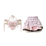 Lubintang Lolita Kawaii Two Piece Set Women Summer Korean Cute Mini Skirt Suit Female Sweet Heart-shaped Blouse£«Plaid Cake Skirt 2024