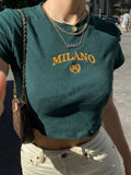 Lubintang Embroidery Letter Printing Stitch Green 90s Crop Tops O-neck Short Sleeve T-shirts clothes shirt vintage bf clothing tee