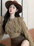 Lubintang Crop Sweater Gentle Y2k Vintage Top Women Hollow Out Long Sleeve Twisted Knit Pullover Fashion Puff 2024 Autumn New