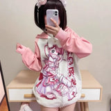 Lubintang Sweet Cartoon Thin Pink Weatshirts Y2k E-Girl Long Sleeve Zipper Coat Women 2024 New Mid-length Loose Tops Mujer