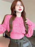 Lubintang Crop Sweater Gentle Y2k Vintage Top Women Hollow Out Long Sleeve Twisted Knit Pullover Fashion Puff 2024 Autumn New