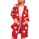 Lubintang Women Open Front Duster Sweaters Casual Heart Print Knitted Cardigans with Pockets Warm Fall Knitwear for Streetwear