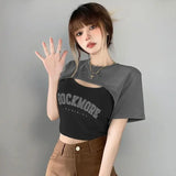 Lubintang Chic Fashion Women American Vintage Print Camisole +Solid Smock 2 Set Cropped Slim Dtreetwear Y2k Crop Tops Ropa Mujer