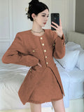 Lubintang Small Fragrance Tweed Fashion Ladies Set Chic O Neck Jacket + High Waist A Line Slim Skirt Korean Autumn Women Two Piece Set