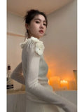 Lubintang Chinese Style O-neck Flower Beading Tops Women Spring Slim Fit White Pullovers Y2k E-Girl Long Sleeve Sweater Mujer