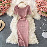 Lubintang Knitted Woman Dress Solid Square Neck Short Sleeve Stretch Dresses For Women With Slit Streetwear Vestidos Mujer