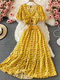 Lubintang Chic Fashion 2 Piece Women Set V Neck Floral Printed Drawstring Chiffon Crop Top+Vintage Pleated High Waist Skirt Mujer