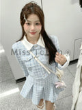 Lubintang Elegant Retro 2 Piece Set Women Blue Pleated Sweet Skirt Suit Female Korean Fashion Long Sleeve Vintage Set 2024 New