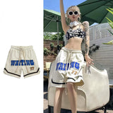 Lubintang Chic Fashion Women High Street American Embroidery Shorts Summer Streetwear Wide Leg Drawstring Basketball Pants Mujer