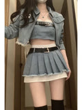 Lubintang Chic Fashion Women Streetwear Y2k Denim Jackets+Sexy Strapless Tube Tank Top+HIgh Waist Pleated Mini Skirts 3 Set Mujer