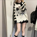 Lubintang Black White Striped Sweaters Mujer 2024 New Star Letter Print Tops Women Y2k Autumn Long Sleeve Hole Pullovers