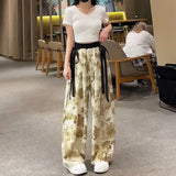 Lubintang Chic Fashion Women Wash Painting Print High Waist Chiffon Pants Streetwear Bandage Summer Loose Casual Trousers Mujer