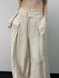 Lubintang Chic Fashion Women Casual Pleated Wide Leg Pants Linen Texture All Match Loose High Waist Trousers Mujer Pantalones