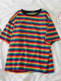 Lubintang Rainbow Stripe Women Summer T-Shirt Minimalist Short Sleeve Women clothes Tops tee shirt couple clothes tshirt top