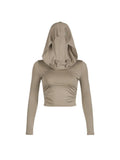 Lubintang Women's Hooded Crop Tops Autumn Solid Color Long Sleeve Cowl Neck Slim Fit Short T-Shirt Streetwear Sporty Basics Tees