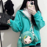 Lubintang Anime Rabbit Ear Detachable Hoodie Jackets Y2k Long Sleeve Zipper Coat Women Spring New Mid-length Loose Tops Mujer