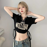 Lubintang Chic Fashion Women Summer Vintage Chain V Neck Drawstring Slim Waist Letter Print T-Shirt Streetwear Y2k Crop Top Mujer