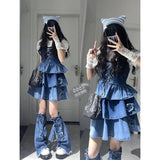 Lubintang Chic Fashion Lace Women Blouse+Bandage Pleated Denim Dresses+All Match Star Leg Warmer Sweet Cool Y2k 3 Sets Ropa Mujer