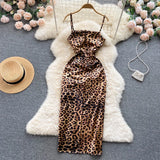 Lubintang Chic Fashion Woman Dress Sexy Leopard Spagretti Straps Sleeveless Slip Dresses For Women Streetwear Slit Vestidos Mujer