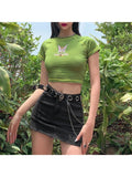 Lubintang Graphic and Letter Printing Stitch Green Crop Tops O-neck Short Sleeve T-shirts clothes shirt vintage bf clothing tee