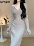 Lubintang Women Elegant Slim Knitting Midi Dress Autumn New Solid Ribbed Bodycon Evening Party Vestidos Winter Sweater Robe Jumper