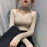 Lubintang Sweaters for Women Sexy Knitwear Jumper Tops Pull Femme Patchwork Gauze See Throught Tunic Knitted Pullovers