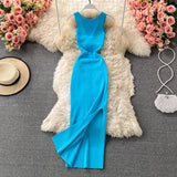 Lubintang Chic Fashion Woman Dress Solid O Neck Sleeveless Maxi Dresses Vintage Summer High Waist Knitted Stretch Vestidos Mujer