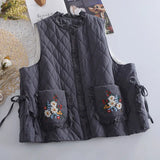 Lubintang Chic Fashion Japanese Women Argyle Parkas Vests Winter Casual Lace Patchwork Pockets Waistcoats Vintage Outerwear Mujer