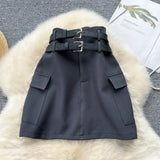 Lubintang Summer High Waist Double Belt 2024 Summer Mini Skirts Vintage All Match Pocket Patchwork Solid Harajuku Roupas Feminina