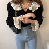 Lubintang Autumn Chic Fashion Korean Blouse Peter Pan Collar Vintage Elegant Shirt All Match Lace Patchwork Blusas Tops Mujer