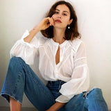 Lubintang Inspired Semi sheer white blouse for women Frilled neckline buttons down sexy women tops ladies long sleeve blouse shirt