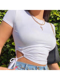 Lubintang T shirt Crop Tops Women Summer Short Sleeve Solid Round Neck Short Tee Top Drawstring Slim Fashion Female Shirts